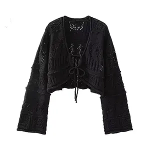 TAOP&ZA 2023 Knitted Cardigan New Women's Clothing Loose Slim Hollow Short Sweater Black Coat Top 5802135