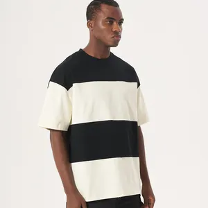 Custom Oversized Striped Half Sleeve O Neck Organic Cotton 100% Cotton Boxy T Shirt For Men
