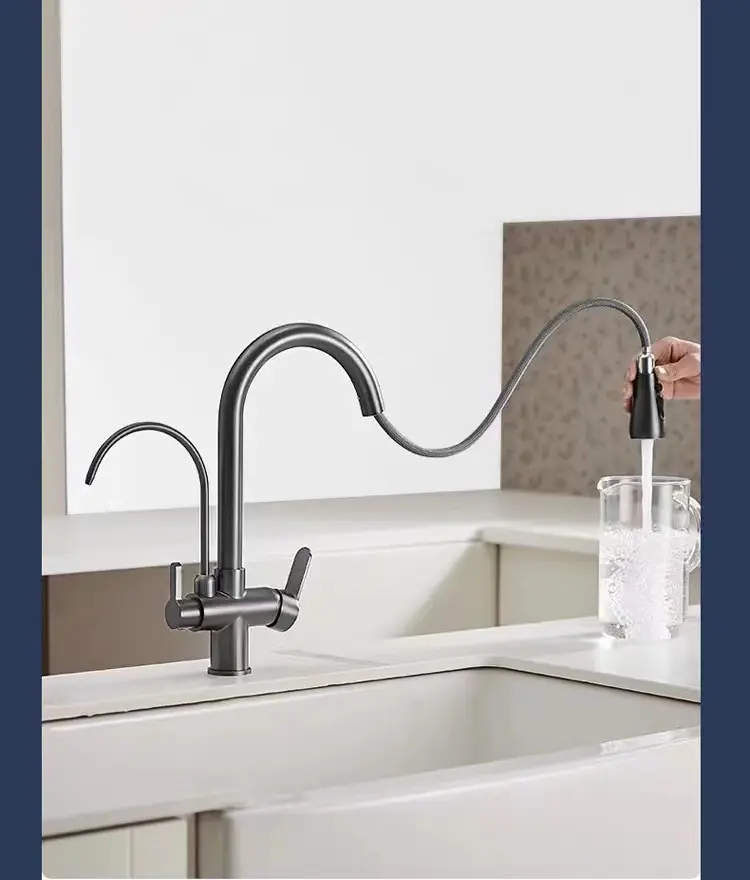 Household water purifier faucet three-in-one sink hot and cold kitchen single hole all copper rotatable faucet double handle