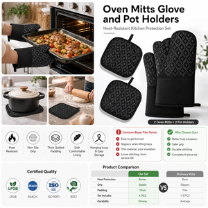 Mitaines de four et dessous de plat isolés résistants à la chaleur avec logo personnalisé, anti-brûlure, ensemble de gants de <span class=keywords><strong>cuisine</strong></span> OEM ODM avec emballage à marque privée - Product Image 1