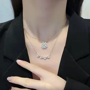 Kalung liontin lapis emas, perhiasan kristal Stainless Steel, Kalung liontin konvertibel empat daun semanggi dan berbentuk hati untuk wanita