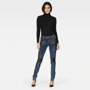 Jean skinny en denim taille haute avec empiècements en cuir, style moto, pantalon pour femme, longueur intégrale, vêtements d'automne - Product Image 1