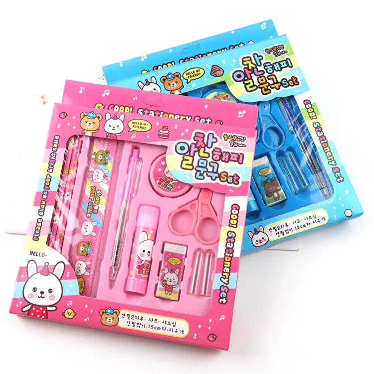 Wholesales Back to school cartoon stationery set pencil sharpener ruler eraser safe scissor 10piece stationery kit