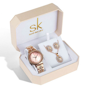Ensemble de bijoux pour femmes en or rose, montre en acier inoxydable avec cristaux, collier, boucles d'oreilles, coffret cadeau - Product Image 2