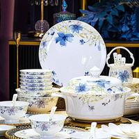 Service de table en porcelaine fine bleu floral sous glaçure, artisanat de Jingdezhen, compatible micro-ondes et lave-vaisselle, résistant à la chaleur, pour la maison