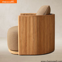 Fauteuil de salon d'extérieur en teck avec structure cannelée, chaise individuelle en tissu d'extérieur pour complexe hôtelier, jardin et zone de loisirs en plein air