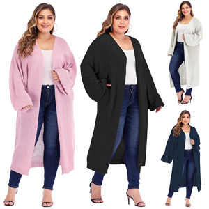 Venta al por mayor de otoño e invierno de gran tamaño de las mujeres sueltas de <span class=keywords><strong>manga</strong></span> murciélago de punto cárdigan abrigo largo - Product Image 1