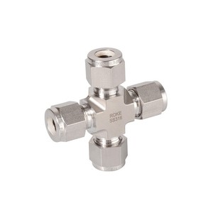 Conector de Cuatro Vías de Acero Inoxidable SS316 ROKE, Junta Hidráulica Imperial Tubular de Doble Férula - Product Image 1