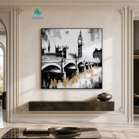 Impression sur toile d'un paysage nordique abstrait avec pont, accents dorés, peintures murales noir et or pour la décoration de la maison