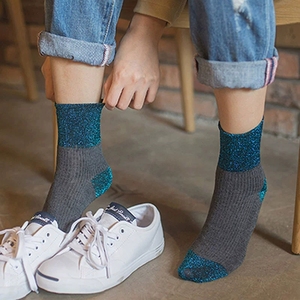 <span class=keywords><strong>Chaussettes</strong></span> mi-mollet pour femme, printemps-automne, en coton avec fil doré et argenté, fil brillant, respirantes, tendance - Product Image 1