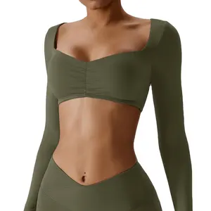 New arrival Customize Logo Low V Neck Plain women crop top long sleeves sports bra