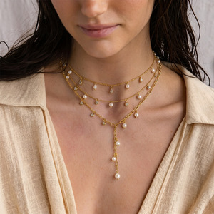 Ensemble de bijoux populaire en acier inoxydable plaqué or 18 carats, chaîne Rolo, étanche, inaltérable, avec breloques en perles d'eau douce - Product Image 5
