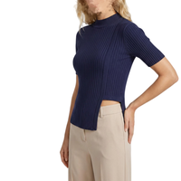Pull en maille pour femme, style bureau, avec fente latérale, couleur unie, texture côtelée, bleu marine, manches mi-longues, personnalisable (ODM/OEM)