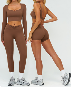 ชุดออกกำลังกายสำหรับผู้หญิง 6 ชิ้น เสื้อชั้นในกีฬาแบบปรับได้รุ่นใหม่ล่าสุด พร้อมกางเกงโยคะ ระบายอากาศได้ดี สีพื้น - Product Image 1