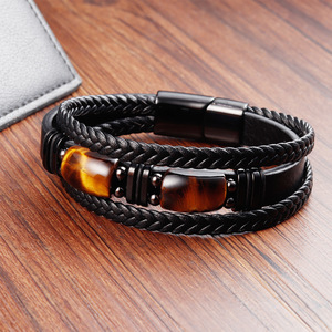 Bracciale <span class=keywords><strong>da</strong></span> <span class=keywords><strong>Uomo</strong></span> in Pelle Nera Intrecciata con Pietra Gialla, Doppio Strato in Acciaio Inossidabile e Pietra Naturale, Fatto a Mano - Product Image 3