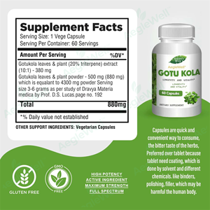 Capsules de <span class=keywords><strong>Gotu</strong></span> <span class=keywords><strong>Kola</strong></span> OEM de marque privée pour soutenir la santé de la peau et le système immunitaire 60capsules - Product Image 3