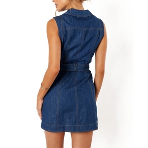 OEM Custom logo Casual Summer Denim Dress Sleeveless <b>Button</b> Down Belted <b>Jean</b> Mini Dress for Women - Product Image 2