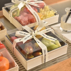 <strong>Disposable</strong> Fruit Cutting Fruit Scoop Packaging Box, Wooden Salad Takeaway Fruit <strong>Platter</strong> with Lid Packaging Box - Product Image 1
