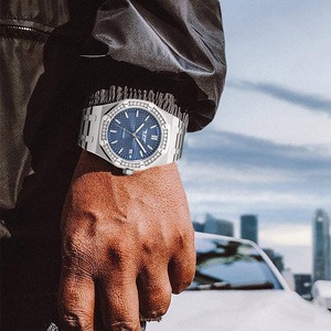 PINDU Stainless Steel Mechanical <b>Watch</b> Blue Dial Sapphire Crystal Round <b>Case</b> Unisex Wristwatch Diamond Bezel - Product Image 5