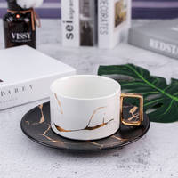 Tasse à café en porcelaine de couleur marbre noir/blanc, avec soucoupe et tasse en céramique or et logo personnalisé
