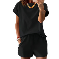 Ensemble deux pièces short et haut col rond en polyester et élasthanne pour femme, grande taille, au-dessus du genou, collection été 2026, style européen et américain