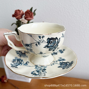 Tazza da tè <span class=keywords><strong>in</strong></span> ceramica e stile retrò blu e fiore con Latte e tazza da tè di mezza età piattino per gli omaggi - Product Image 6