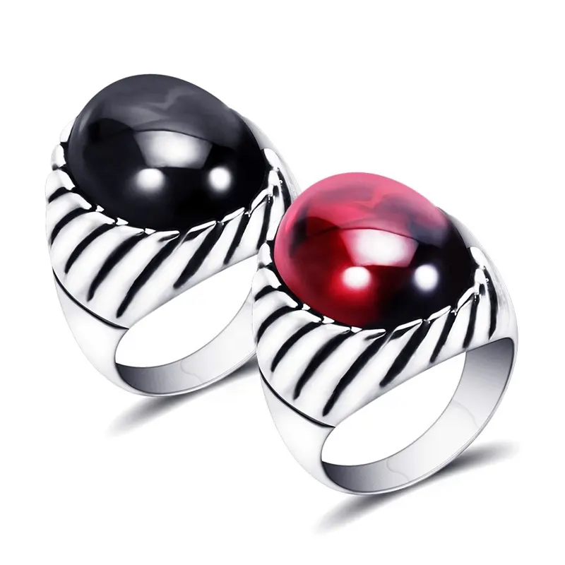 Wedding Band Rings Cheap Black Onyx Red Agate Ring Gothic Style Stainless Steel Cabochon Stone Oval Natural Mens for Men Laser