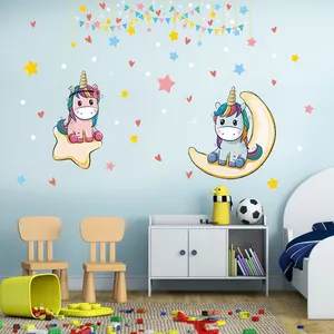 De dibujos animados Rosa unicornio azul pegatinas de pared de Luna y estrellas de colores banderas de papel para niño habitación dormitorio pared Mural de la pared