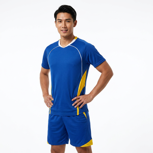 Ensemble d'uniformes de football personnalisés pour hommes, USA, maillot bleu à manches courtes, rayures jaunes dégradées, évacuation de l'humidité, antibactérien, 100% - Product Image 3