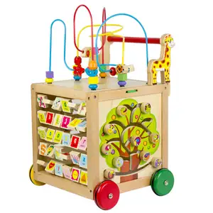 早教木制多功能四面大串珠婴儿步行手推车儿童婴儿玩具箱幼儿