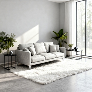 Canapé 3 places en tissu de lin gris clair minimaliste moderne, pieds fins, rembourrage en éponge, pour appartement, villa, salon - Product Image 2