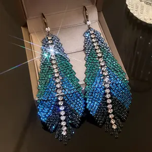 2023 New Arrival Fashion Jewelry Blue Diamond Feather Leaf Ear Hook Colorful Earrings Fashion Light Luxury Earrings Wholesale