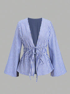 Chemise élégante pour femme TP5, haut à col en V profond, manches bouffantes, rayée, à nouer devant, en popeline tissée, style vintage pour le bureau/le quotidien, été - Product Image 5