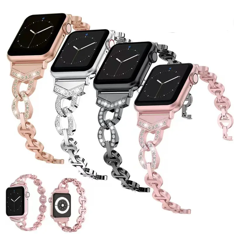 สายนาฬิกาสแตนเลสสตีลสำหรับผู้หญิง,สายนาฬิกาหรูบางสำหรับ Apple Watch 38/40/41มม. 42/44/45/mm สำหรับ Iwatch 7 4 5 Se 6สร้อยข้อมือเพชร