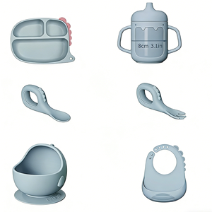 Juego de Platos, Tazones, Tenedores, Cucharas y Baberos de Silicona para Bebés, Diseño de Dinosaurios de Dibujos Animados, No Tóxicos, Libres de BPA - Product Image 3