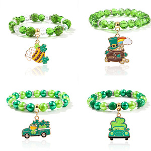 St Patricks <b>Beaded</b> <b>Bracelet</b> Green Faux Pearl Alloy Pendant Jewelry For Women Fashion Accessories - Product Image 1
