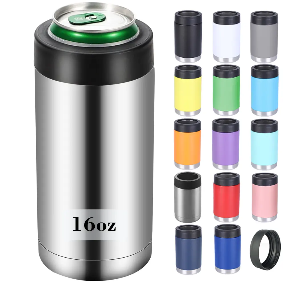 16oz personalizzato 16 once in acciaio inossidabile 304 a doppia parete birra Cola vino può refrigerare 4-in-1 lattina di supporto isolato sotto vuoto