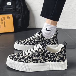 Baskets basses en toile pour hommes, imprimé léopard noir et beige, semelle plateforme épaisse blanche, à lacets, style streetwear décontracté - Product Image 2