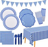 Articles de fête en gingham bleu et blanc, assiettes en papier jetables, serviettes, gobelets, nappe, bannière pour fête d'anniversaire, pique-nique, barbecue