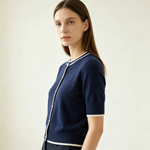 French Style Nautical Preppy Contrast Trim Premium <strong>Navy</strong> <strong>Blue</strong> Cashmere Wool Short Sleeve <strong>Cardigan</strong> with Polished Gold Buttons - Product Image 4