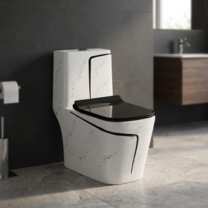 WC monobloc en céramique à impression marbre moderne, à chasse d'eau siphonique, double chasse, à poser au sol - Product Image 3