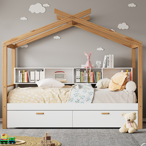 เตียงบ้านไม้สีขาวพร้อมลิ้นชักและชั้นวางหนังสือสำหรับห้องนอนเด็ก - Product Image 2