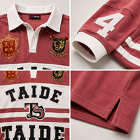 Polo de rugby court TaiDe avec logo personnalisé, 380 GSM, broderie patch chenille, délavage vintage, rayures universitaires, fabricant de vêtements OEM ODM