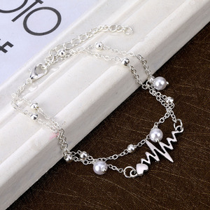 Tobillera de Plata con Perlas de Doble Capa Estilo Bohemio para Mujer, Diseño de Corazón ECG, Ideal para Vacaciones en la Playa - Product Image 3