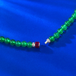 Cadena de cuentas de calcedona, colgante con incrustaciones de plata verde imperial de hielo con collar de cuerda completa de 6mm, 50cm - Product Image 3