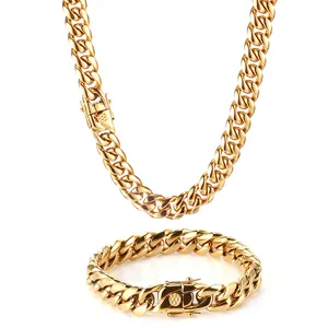 OUMI Spot Goods Hip Hop Cuban Link Mens Miami Stainless Steel 18k Gold Plated Chain Necklace Cuban Link Chain