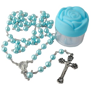 Trang Sức Tôn Giáo <span class=keywords><strong>Crucifix</strong></span> Mặt Dây Chuyền Dây Chuyền Màu Xanh Tràng Hạt Ngọc Trai Thủy Tinh 6Mm Tràng Hạt Công Giáo Với Hộp Hoa Hồng Cho Cô Gái - Product Image 6