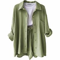 Ensemble décontracté deux pièces pour femme I-0553 : Nouvelle veste d'usine printemps-automne avec chemise à manches longues à revers volantés et short