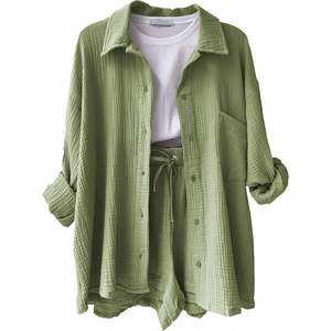 I-0553 Giacca da Fabbrica Nuova Collezione <span class=keywords><strong>Primavera</strong></span> Autunno Abbigliamento Donna Camicia a Maniche Lunghe con Colletto a Volant e Pantaloncini Casual Completo Due Pezzi da Donna - Product Image 6