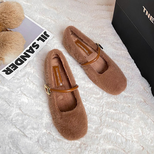 Faux Fur Mary Jane Flats Women <b>Ballet</b> <b>Shoes</b> Winter Indoor Outdoor Casual Footwear - Product Image 5